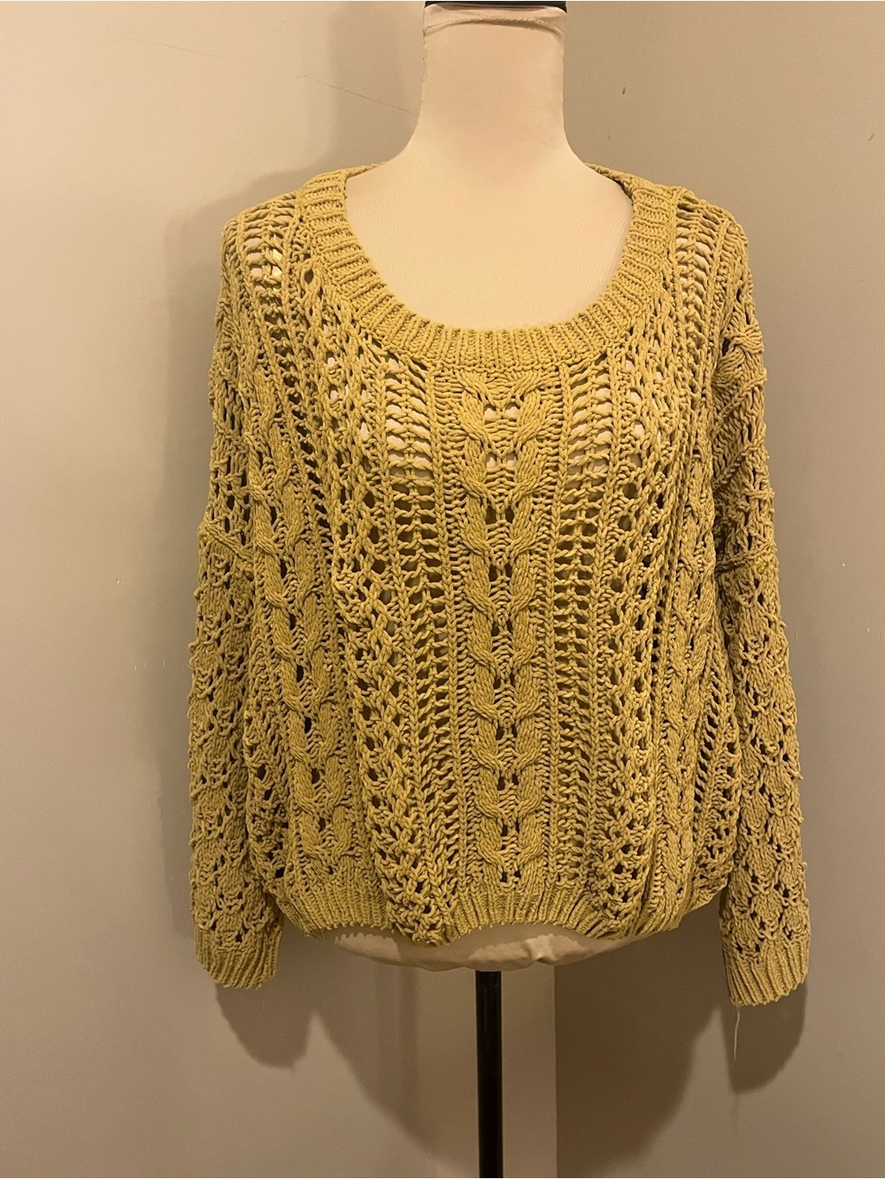 Elodie Oversized Long Crop Open-Knit Scoop Neck Sweater in Mustard, Medium